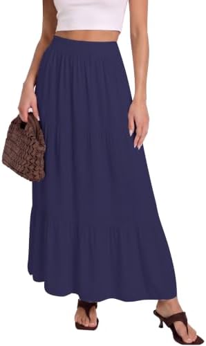 Flowy Maxi Skirt with Pockets Boho Tiered Elastic Waist, Navy Blue