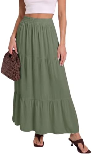 Flowy Maxi Skirt with Pockets Boho Tiered Elastic Waist, Olive Green