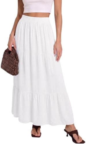 Flowy Maxi Skirt with Pockets Boho Tiered Elastic Waist, White