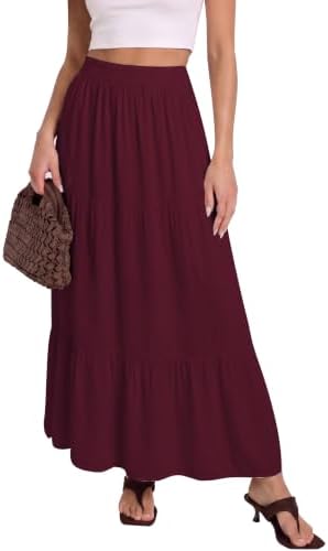 Flowy Maxi Skirt with Pockets Boho Tiered Elastic Waist, Wine Red