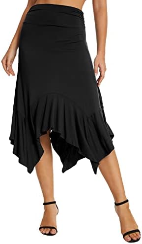 Flowy Stretchy Skirt Handkerchief Hemline Midi Skirt, Black