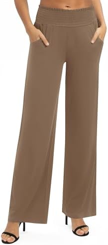 High Waist Flowy Palazzo Pants Elastic Waist Wide Leg Stretchy Straight Leg Dressy Casual Lounge Trousers, Camel