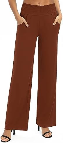 High Waist Flowy Palazzo Pants Elastic Waist Wide Leg Stretchy Straight Leg Dressy Casual Lounge Trousers, Caramel
