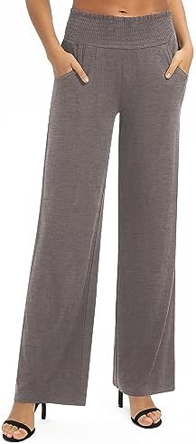High Waist Flowy Palazzo Pants Elastic Waist Wide Leg Stretchy Straight Leg Dressy Casual Lounge Trousers, Chocolate