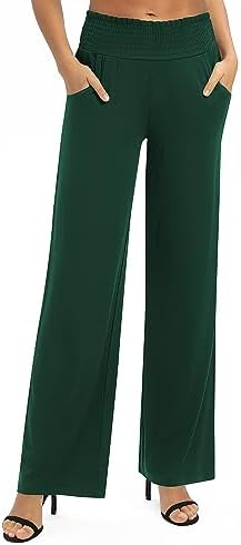 High Waist Flowy Palazzo Pants Elastic Waist Wide Leg Stretchy Straight Leg Dressy Casual Lounge Trousers, Dark Green