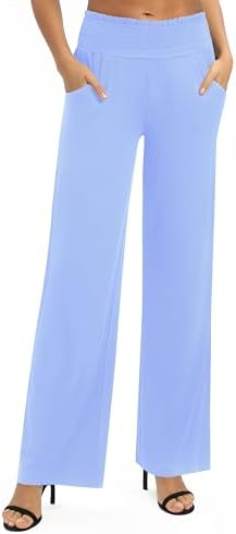High Waist Flowy Palazzo Pants Elastic Waist Wide Leg Stretchy Straight Leg Dressy Casual Lounge Trousers, Light Blue