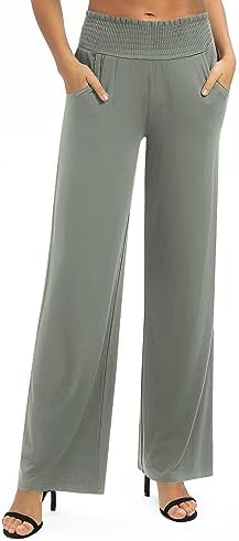 High Waist Flowy Palazzo Pants Elastic Waist Wide Leg Stretchy Straight Leg Dressy Casual Lounge Trousers, Light Gray