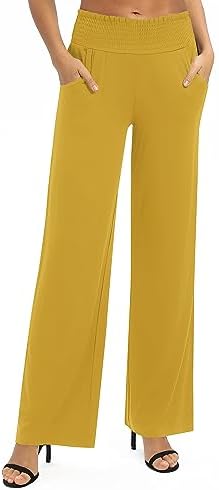 High Waist Flowy Palazzo Pants Elastic Waist Wide Leg Stretchy Straight Leg Dressy Casual Lounge Trousers, Mustard