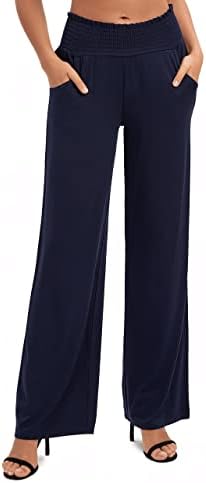 High Waist Flowy Palazzo Pants Elastic Waist Wide Leg Stretchy Straight Leg Dressy Casual Lounge Trousers, Navy Blue