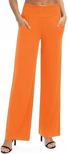 High Waist Flowy Palazzo Pants Elastic Waist Wide Leg Stretchy Straight Leg Dressy Casual Lounge Trousers, Orange