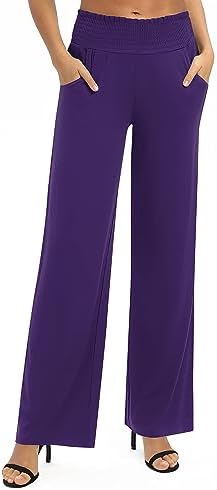 High Waist Flowy Palazzo Pants Elastic Waist Wide Leg Stretchy Straight Leg Dressy Casual Lounge Trousers, Purple