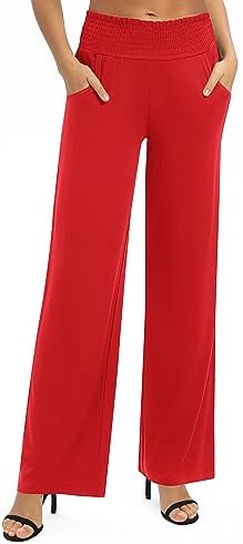 High Waist Flowy Palazzo Pants Elastic Waist Wide Leg Stretchy Straight Leg Dressy Casual Lounge Trousers, Red