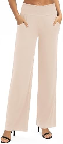 High Waist Flowy Palazzo Pants Elastic Waist Wide Leg Stretchy Straight Leg Dressy Casual Lounge Trousers, Silver Mink