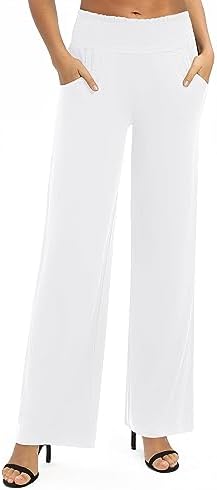 High Waist Flowy Palazzo Pants Elastic Waist Wide Leg Stretchy Straight Leg Dressy Casual Lounge Trousers, White