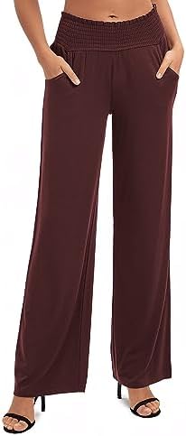 High Waist Flowy Palazzo Pants Elastic Waist Wide Leg Stretchy Straight Leg Dressy Casual Lounge Trousers, Windsor Wine