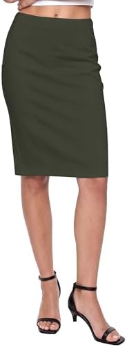 High Waist Stretch Pencil Skirt Knee Length Bodycon with Back Slit for Business Casual, Army Green