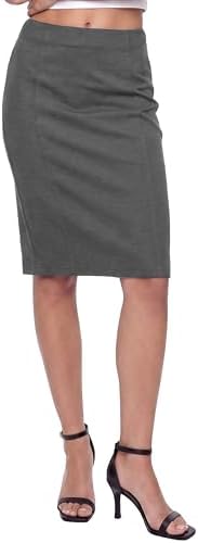 High Waist Stretch Pencil Skirt Knee Length Bodycon with Back Slit for Business Casual, Deep Gray