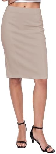High Waist Stretch Pencil Skirt Knee Length Bodycon with Back Slit for Business Casual, Khaki