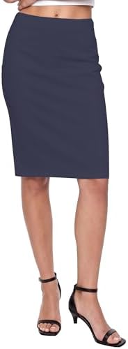 High Waist Stretch Pencil Skirt Knee Length Bodycon with Back Slit for Business Casual, Navy Blue