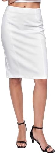 High Waist Stretch Pencil Skirt Knee Length Bodycon with Back Slit for Business Casual, White