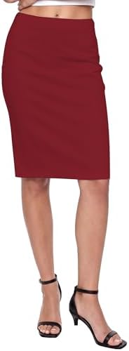 High Waist Stretch Pencil Skirt Knee Length Bodycon with Back Slit for Business Casual, Wine Red