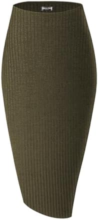 High Waist Stretch Ribbed Knit Pencil Skirt Midi Length with Side Slit Office Work Bodycon Style, Army Green