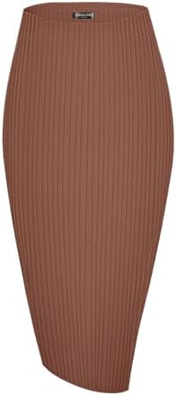 High Waist Stretch Ribbed Knit Pencil Skirt Midi Length with Side Slit Office Work Bodycon Style, Brown