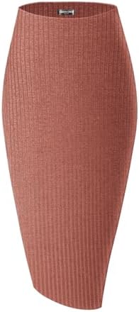 High Waist Stretch Ribbed Knit Pencil Skirt Midi Length with Side Slit Office Work Bodycon Style Burnt Brick, Burnt Brick