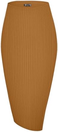 High Waist Stretch Ribbed Knit Pencil Skirt Midi Length with Side Slit Office Work Bodycon Style Camel, Camel