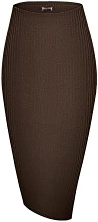 High Waist Stretch Ribbed Knit Pencil Skirt Midi Length with Side Slit Office Work Bodycon Style, Coffee