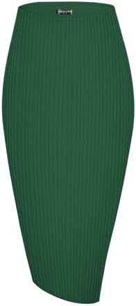 High Waist Stretch Ribbed Knit Pencil Skirt Midi Length with Side Slit Office Work Bodycon Style, Dark Green