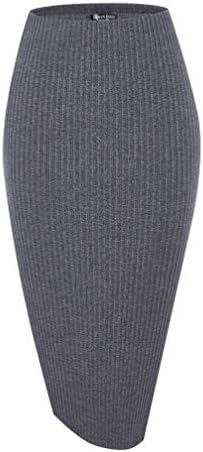 High Waist Stretch Ribbed Knit Pencil Skirt Midi Length with Side Slit Office Work Bodycon Style, Deep Gray