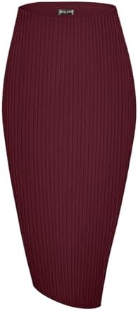 High Waist Stretch Ribbed Knit Pencil Skirt Midi Length with Side Slit Office Work Bodycon Style Maroon, Maroon