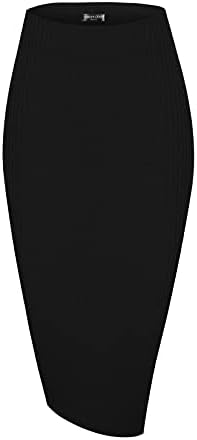 High Waist Stretch Ribbed Knit Pencil Skirt Midi Length with Side Slit Office Work Bodycon Style