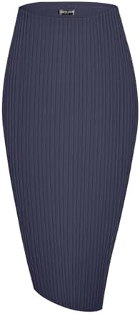 High Waist Stretch Ribbed Knit Pencil Skirt Midi Length with Side Slit Office Work Bodycon Style, Navy Blue