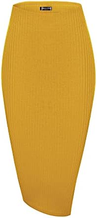 High Waist Stretch Ribbed Knit Pencil Skirt Midi Length with Side Slit Office Work Bodycon Style Turmeric, Turmeric