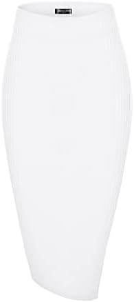 High Waist Stretch Ribbed Knit Pencil Skirt Midi Length with Side Slit Office Work Bodycon Style, White