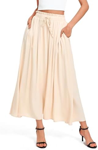 High Waisted Maxi Skirts A-Line Flowy Long with Pockets, Beige
