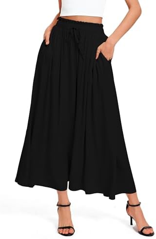 High Waisted Maxi Skirts A-Line Flowy Long with Pockets, Black
