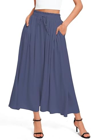 High Waisted Maxi Skirts A-Line Flowy Long with Pockets, Blue