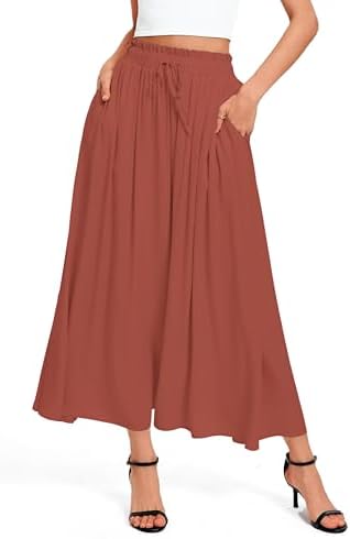 High Waisted Maxi Skirts A-Line Flowy Long with Pockets, Caramel