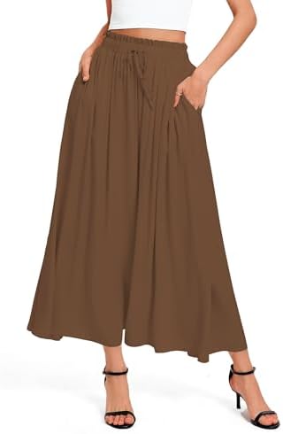 High Waisted Maxi Skirts A-Line Flowy Long with Pockets, Coffee