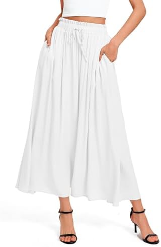 High Waisted Maxi Skirts A-Line Flowy Long with Pockets, White