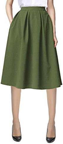 Knee Length A Line Midi Skirt Casual Work Elastic High Waisted Skirts with Pockets, Army Green