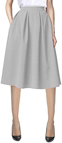 Knee Length A Line Midi Skirt Casual Work Elastic High Waisted Skirts with Pockets, Light Grey