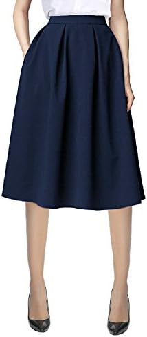 Knee Length A Line Midi Skirt Casual Work Elastic High Waisted Skirts with Pockets, Navy Blue