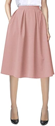 Knee Length A Line Midi Skirt Casual Work Elastic High Waisted Skirts with Pockets, Pink