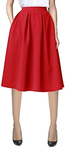 Knee Length A Line Midi Skirt Casual Work Elastic High Waisted Skirts with Pockets, Red