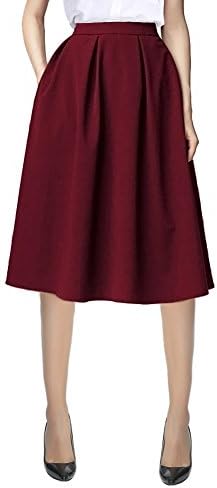 Knee Length A Line Midi Skirt Casual Work Elastic High Waisted Skirts with Pockets, Wine Red