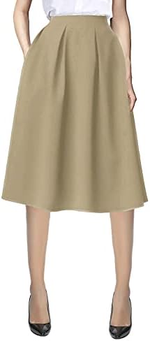 Knee Length Casual Work 2024 Fall Elastic Waist A Line Midi Skirt with Pocket, Khaki